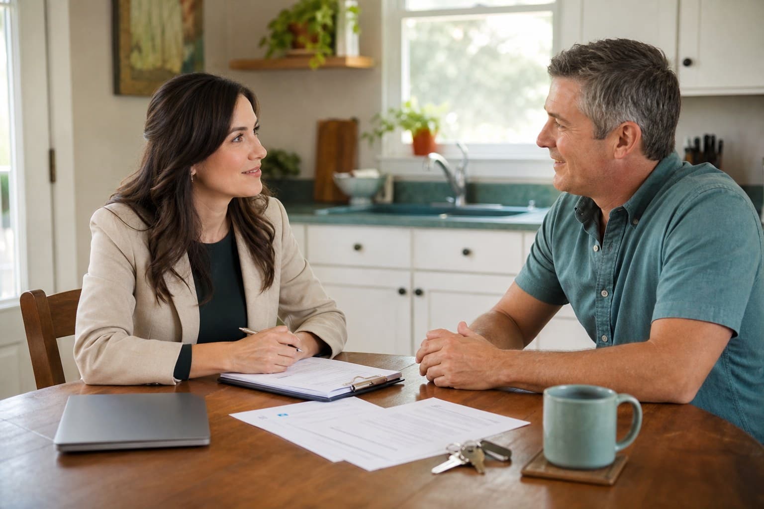 Friendly agent talking with a homeowner at a kitchen table